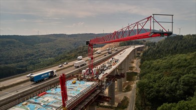 Aerial view of the construction work on the Pfaedchensgraben bridge on the A61 motorway near Rheinboellen