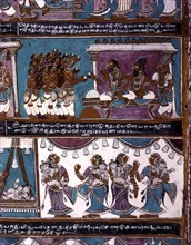17th century Ramayana murals in Vasanta Mantapa ceiling in Alagarkovil or Alagar Koyil Vishnu temple near Madurai