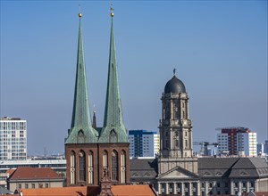 View from the roof terrace of the Stadtschloss to the towers of the Nikolaikirche and the old town house in Klosterstrasse