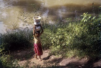 Betta Kurumba tribal girl carrying water in Moyar river at Mudumalai
