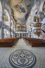 Organ gallery with floor mosaic and pulpit
