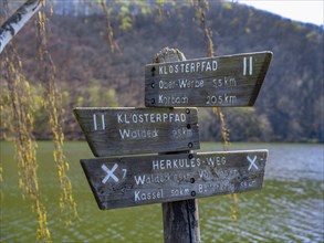 Hoelzerne Wegweiser fuer Wanderwege am Ufer des Vorstaubeckens vom Edersee