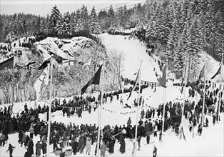 The finish of the downhill race at the Kreuzeck valley in the second day of the IV Olympic Winter Games