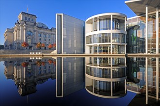 Reichstag and Paul-Loebe-Haus reflected in the Spree at sunrise