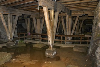 Substructure arena cellar of historic Roman amphitheatre of Trier Treverorum Augusta with supports stamp of wood in groundwater