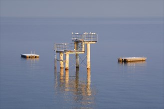 Morgenstimmung ueber dem Bodensee mit Blick zum Sprungturm und den Flossen der Freibadanlage Horn inmitten des Sees