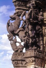 Exquisitely worked sculptures in hundred pillared hall in Varadharaja Perumal temple in Kancheepuram or Kanchipuram