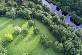 Aerial view of the River Eden lined with native woodland at Appleby