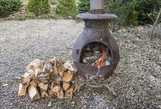 Wood stove burning split logs