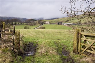 Gate to grass field on a hill farm