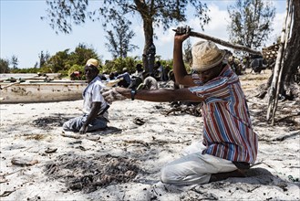 Fischer am Strand von Matemwe schlagen Tintenfisch mit Stock
