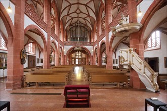 Interior view with pulpit and organ of the Rheingau Cathedral in Geisenheim