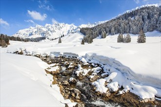 Aussicht von Lutertannen mit Bachlauf Luteren im Vordergrund und dem tief veschneite Alpsteinmassiv mit Saentis im Hintergrund