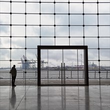 Young man standing in front of modern glass facade with large door and looking at the harbour