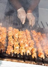 Chicken shashlyk being grilled in the view