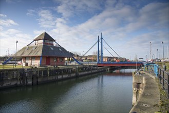 Swing bridge at entrance to dock and marina