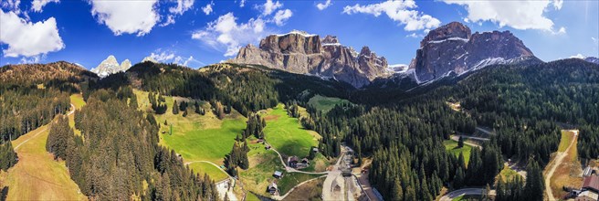 Aerial 180 degree view of Sella Group from Pian de Frataces val di Fassa Dolomites