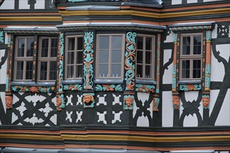 Bay window of the half-timbered house Killingerhaus at Koenig-Adolf-Platz in Idstein