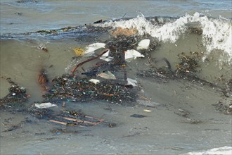 Marine litter washing ashore on wave