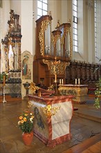 Chancel with altar and organ of the baroque monastery church of St. Trudpert
