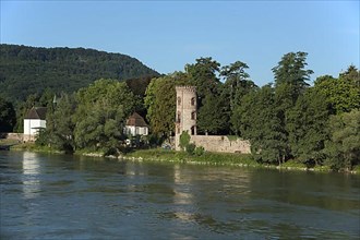View of the Rhine bank with historic Thieves' Tower and tea house