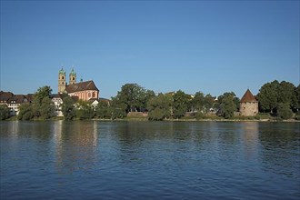 View of Bad Saeckingen with Fridolinsmuenster and Gallusturm on the Rhine