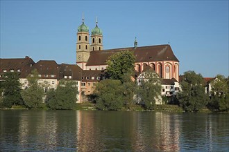 View across the Rhine to the baroque landmark Fridolinsmuenster in Bad Saeckingen
