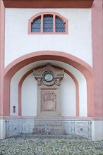 Memorial at the Fridolinsmuenster to Franz Werner Kirchhofer 1633-1690 on the history to the trumpeter of Saeckingen in Bad Saeckingen