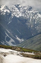 Rohtang Pass covered with snowfields in the Himalayas