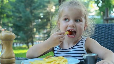 Little girl eat french fries. Close-up of blonde girl takes potato chips with her hands and tries them sitting in street cafe on the park. Odessa