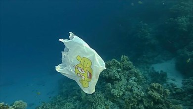 White plastic shoping bag with smiley face drifting underwater near beautiful coral reef with tropical fishes swim around it. Plastic garbage environmental pollution problem. Red sea