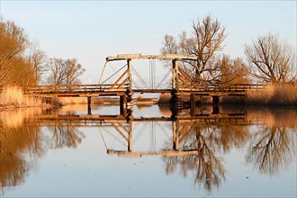 Replica of the historic wooden drawbridge over the Trebel River near Nehringen