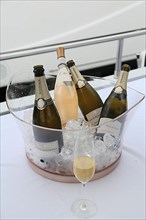 Champagne cooler with Louis Roederer champagne bottles and a bottle of rose wine