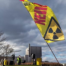 Banner with sign for radioactivity and the word No