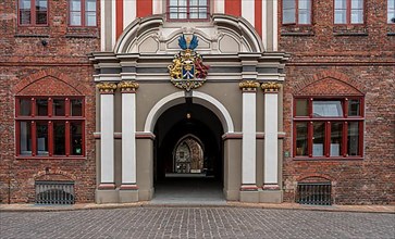 Baroque portal of Stralsund Town Hall with the historic coat of arms