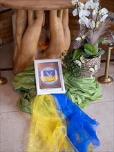 Picture with peace dove and flag of Ukraine in the national colours yellow and blue