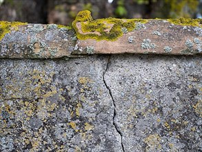 Crack in an old wall with lichen at the cemetery of the church of St. George