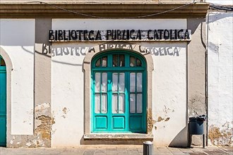 Entrance to public catholic library in Arrecife