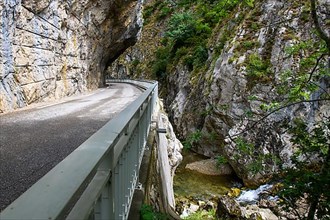 Narrow road through narrow gorge Clue de St. -Auban with overhanging rock