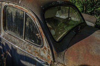 Old car rolled for scrapping in a meadow. Alsace