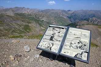 Tourist board on 2862-metre-high Cime de la Bonette on dinosaurs in early Alpine times and first human settlements