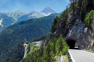 Mountain road with tunnel on steep rock face with tree cover
