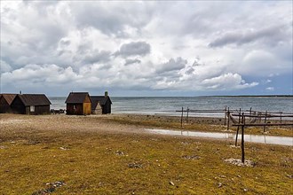 Old fishermen's huts with net garden for drying the fishing nets