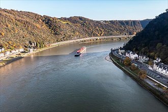 Aerial view of the Rhine with ship and St. Goar