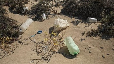 Plastic trash in the desert. Plastic pollution in sandy desert. Egypt
