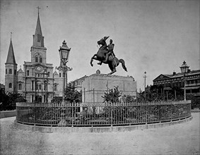 The Jackson Monument and the French Cathedral in New Orleans