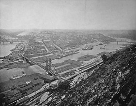 View of the large industrial city of Pittsburgh in the state of Pennsylvania on the Monongahela and Allegheny Rivers