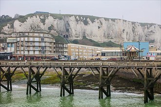Coastal village of Le Treport at the mouth of the Bresle on the English Channel with Europe's highest chalk cliff and casino