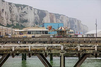 Coastal village of Le Treport at the mouth of the Bresle on the English Channel with Europe's highest chalk cliff and casino