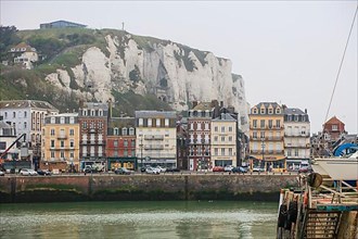 Coastal village of Le Treport at the mouth of the Bresle on the English Channel with the highest chalk cliff in Europe